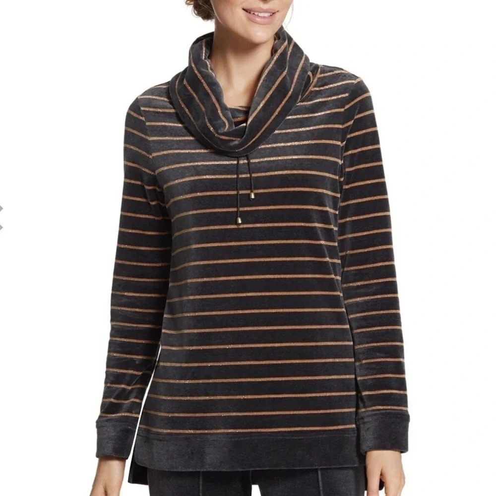 ZENERGY Chico’s Velour Lurex Stripe‎ Cowl Neck Top NWT Chico’s Size 2